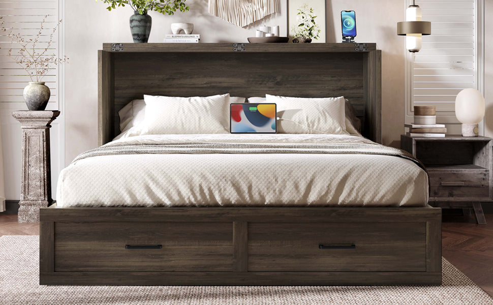 Murphy Bed Cabinet Queen Size with Charging Station, Multi-Functional Foldable Platform Bed with 1 Large Storage Drawer for Guest Room, Small Bedroom, Rustic Gray