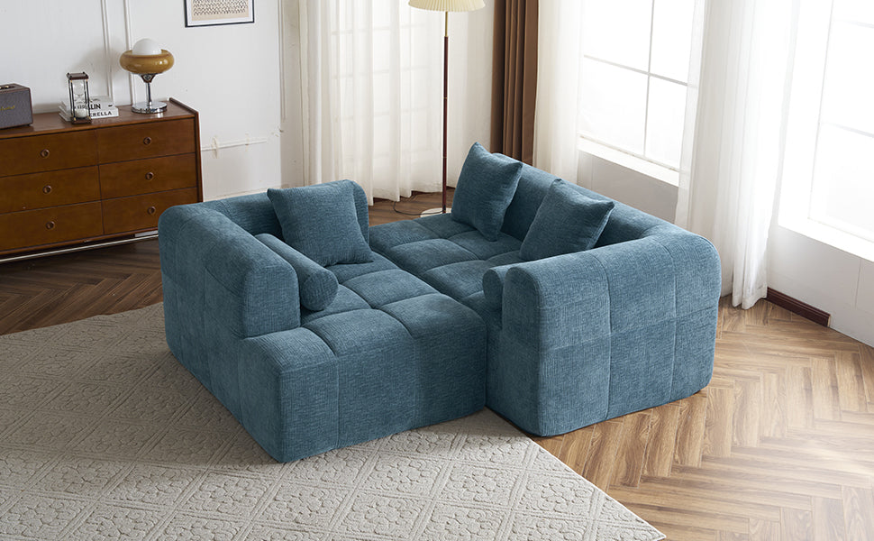 Modern Modular Sofa with Deep Seating, Two Side Pockets, and Plush Pillows in Blue Chenille Fabric, 101.2'
