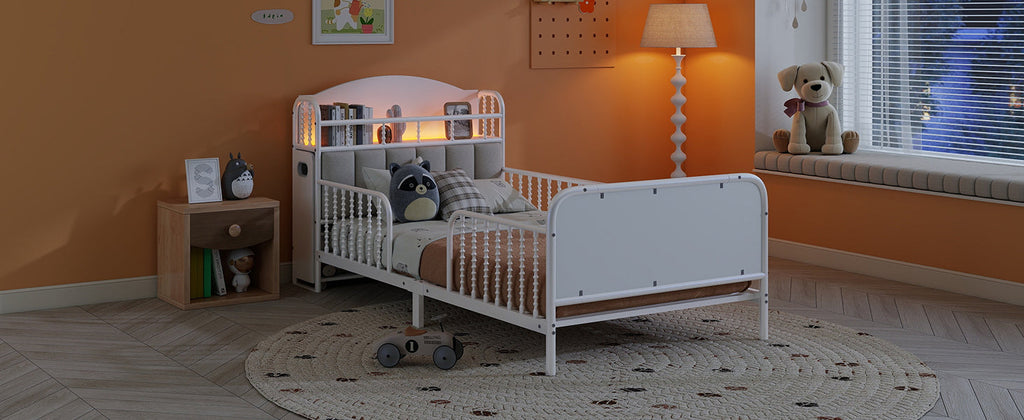 Twin Size Metal Platform Bed Frame with Light, Kids Twin Metal Bed with Upholstered and Pull Out Storage Shelves, White (Expect Arrival Date 2025/10/5)
