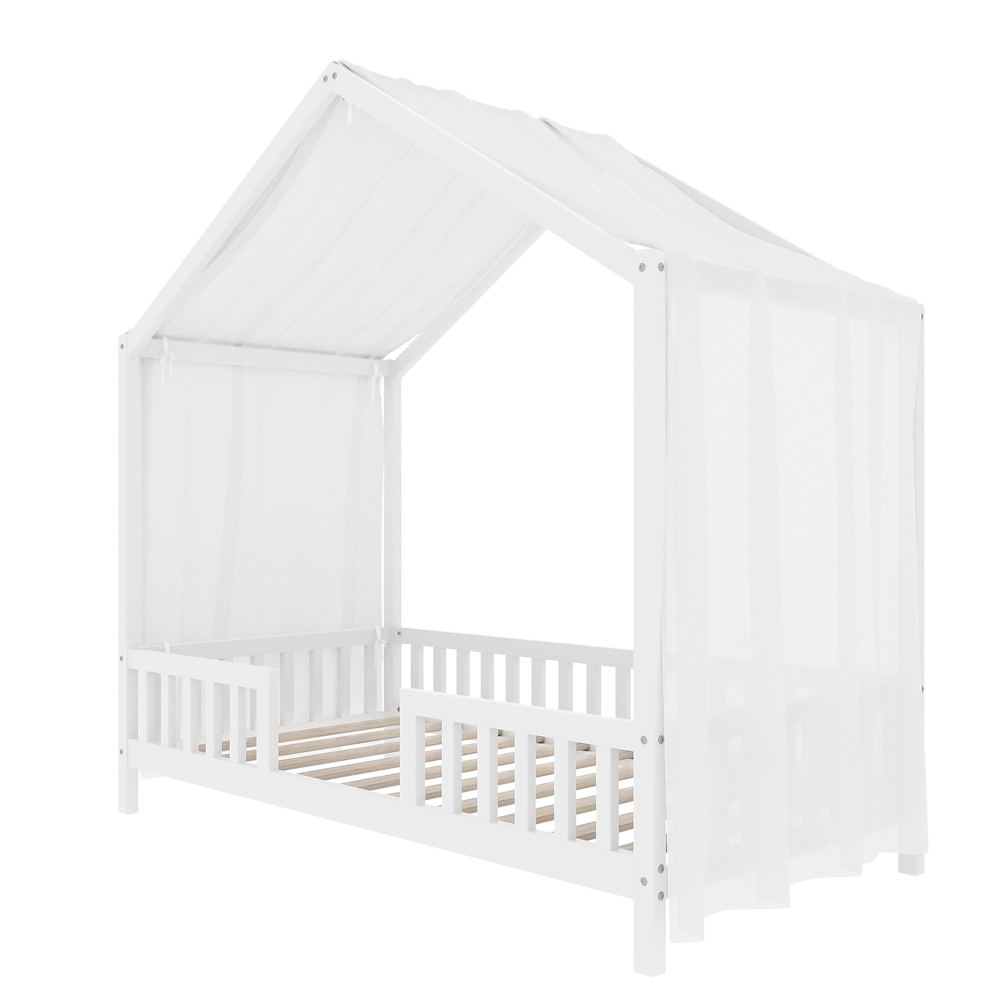 Montessori Floor Bed with Canopy, Twin Bed Frame for Kids, House Shape Kids Bed Frame with High Railings, Wood Kids Bed with Roof, Kid Twin Bed, White