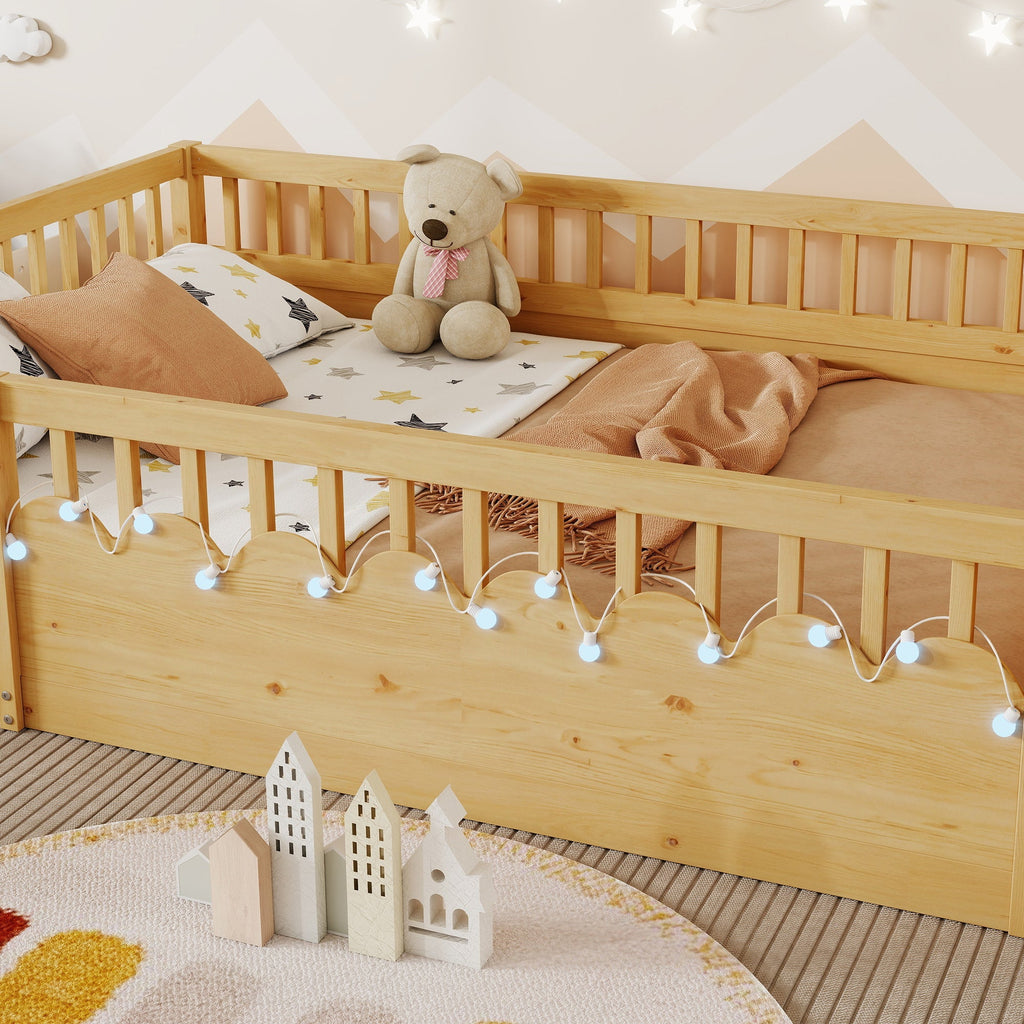 Full Montessori Floor Bed Frame with High Rails, Wood Kids Floor Beds with Light and Storage Shelf, Natural (Expect Arrival Date 2025/8/15)
