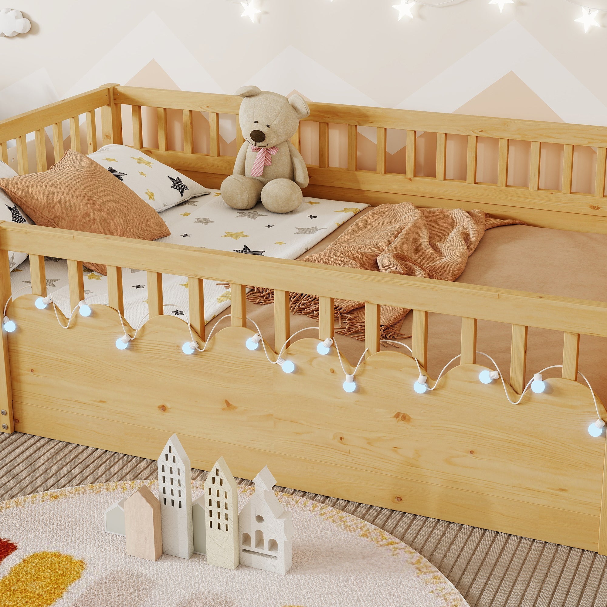 Full Montessori Floor Bed Frame with High Rails, Wood Kids Floor Beds with Light and Storage Shelf, Natural (Expect Arrival Date 2025/8/15)