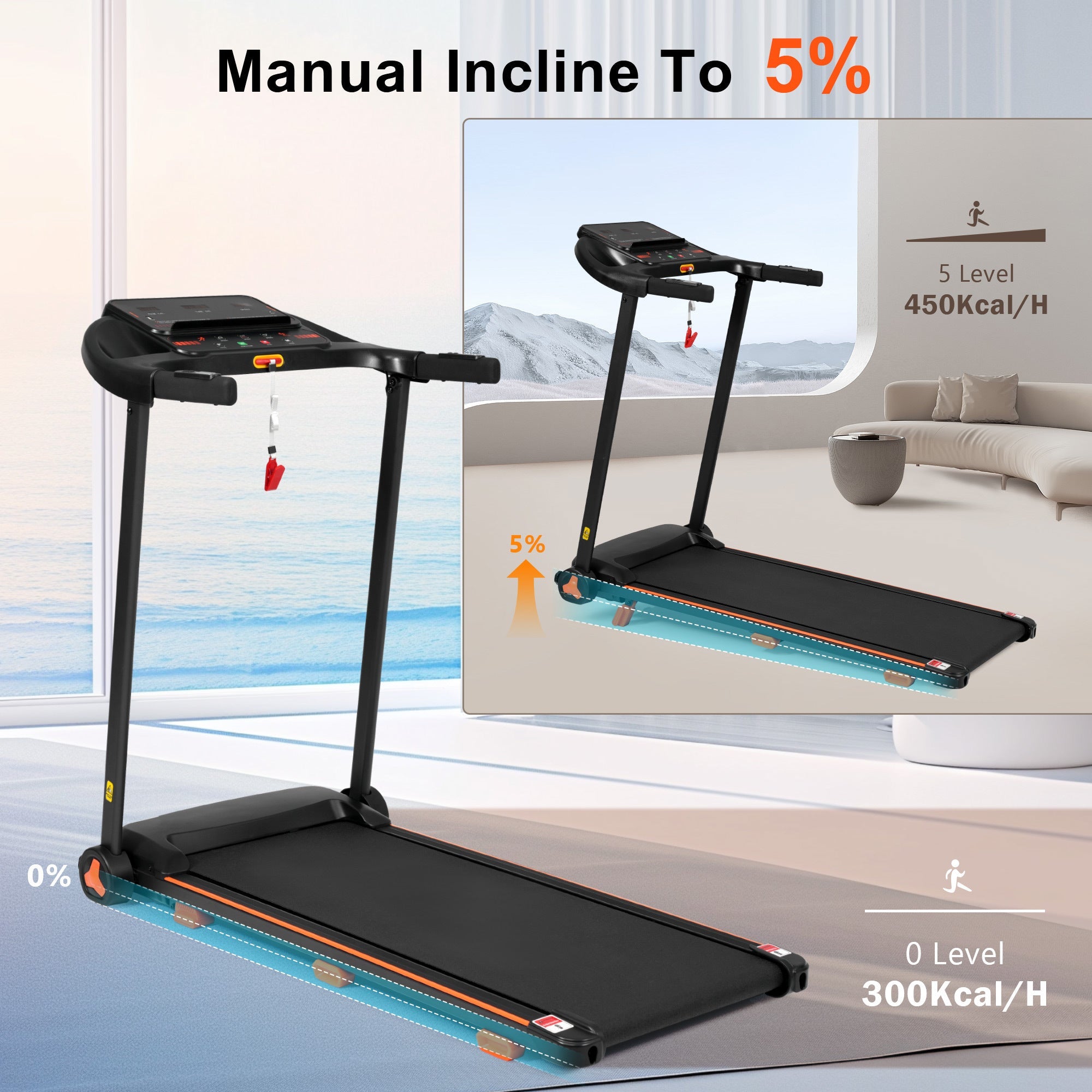 Treadmills for Home, 2.5HP Quiet Folding Treadmill with Heart Rate Sensor, 300lbs Weight Capacity, 7.5MPH, Incline Treadmill With USB Charge Station For Android & Bluetooth Speaker, 6 Shock-Absorbing