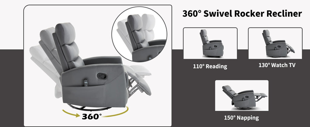 Heat Massage Manual Recliner Chair with Rocker and Swivel in Fabric for Living Room, Grey