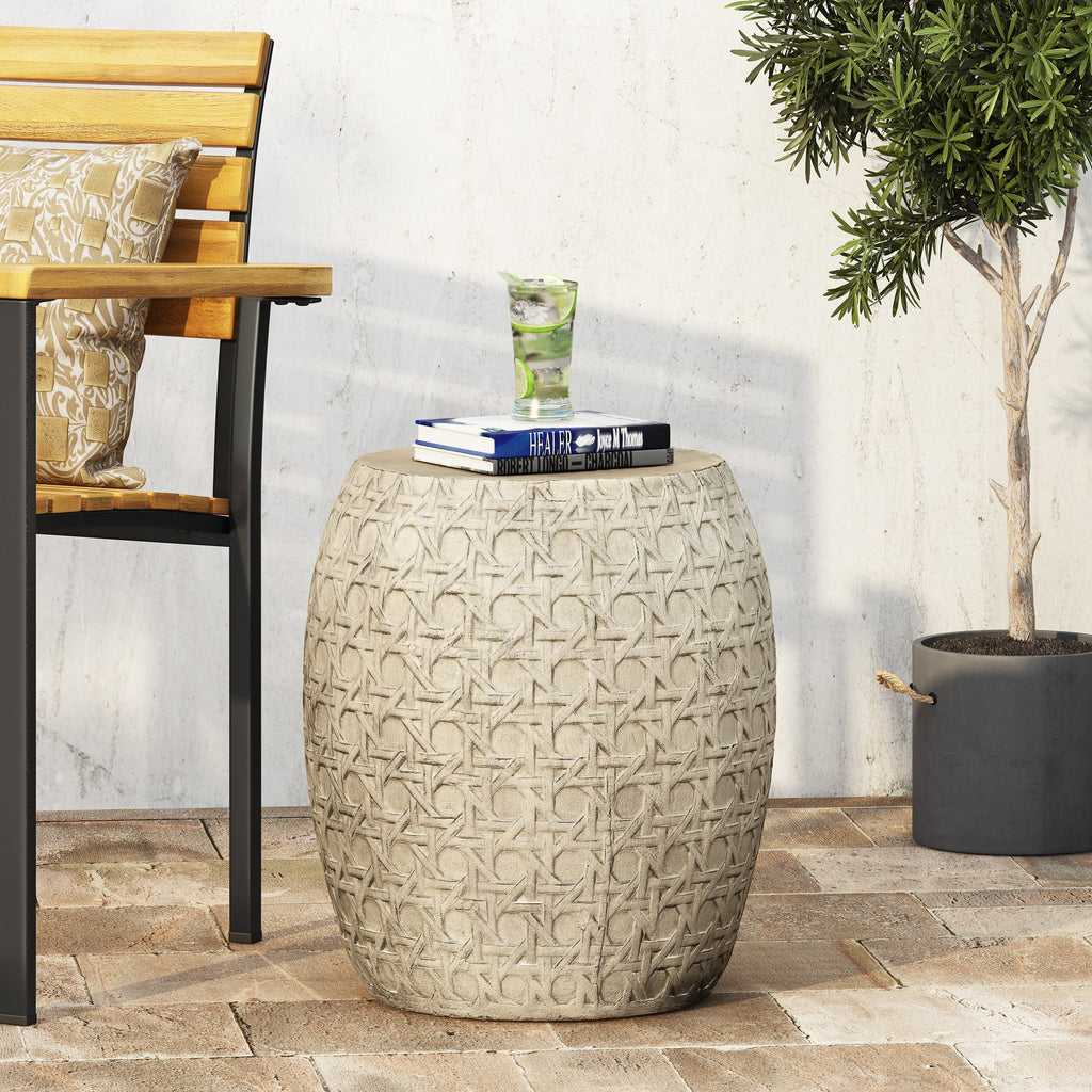 Bohemian Outdoor Lightweight Concrete Side Table with Cane Wicker Pattern, Antique Yellow, Magnesium Oxide, 17.50' x 17.50' x 19.75'