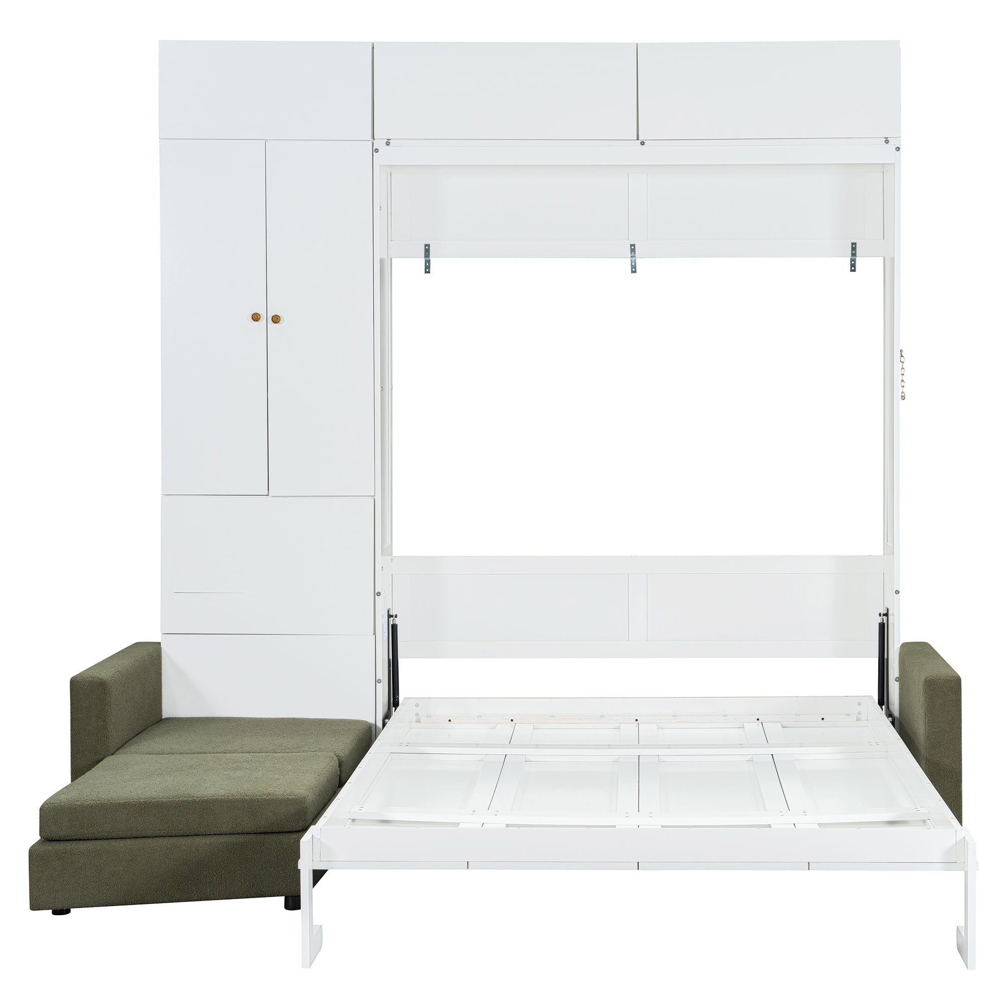 Queen Size Murphy Bed Wall Bed with Sofa and Shelves,White Panel, Green Sofa