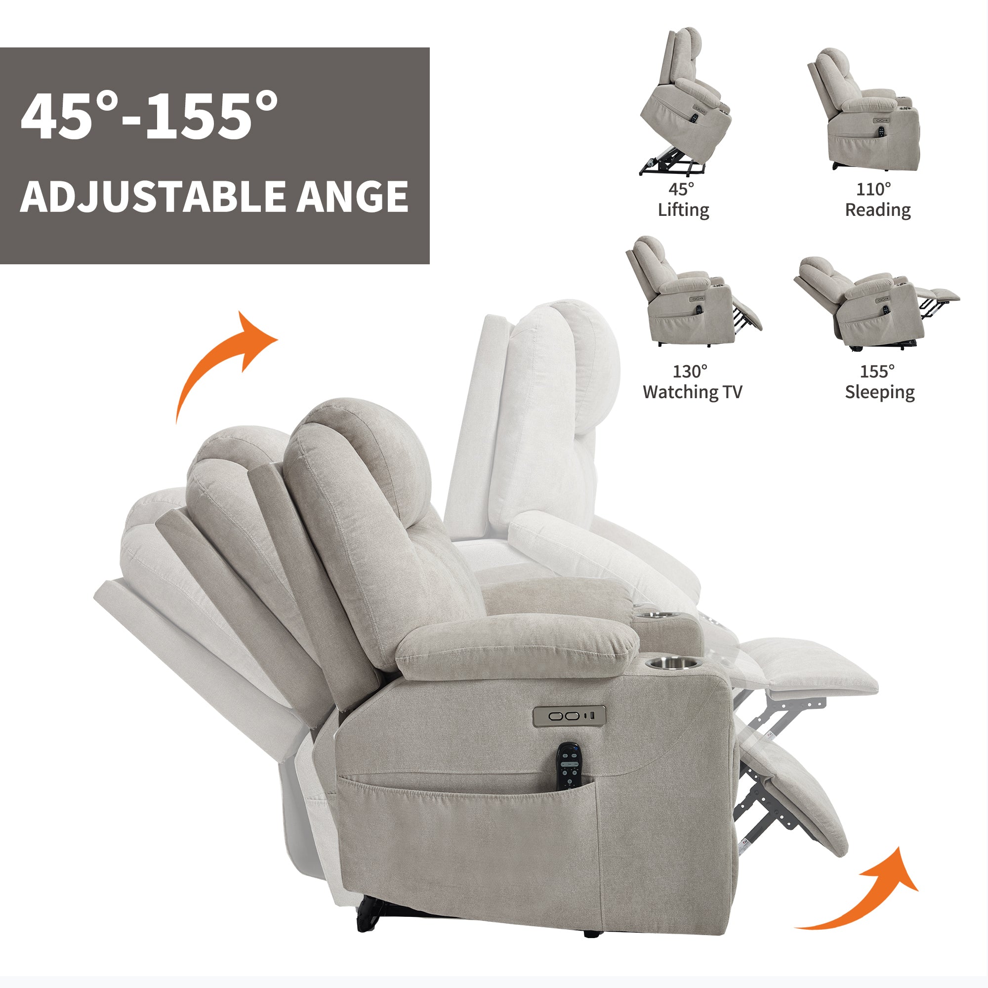 Up to 350 LBS polyester Power Lift Recliner Chair, Heavy Duty Motion Mechanism with 8-Point Vibration Massage and Lumbar Heating, USB and Type-C Ports, Stainless Steel Cup Holders, Beige