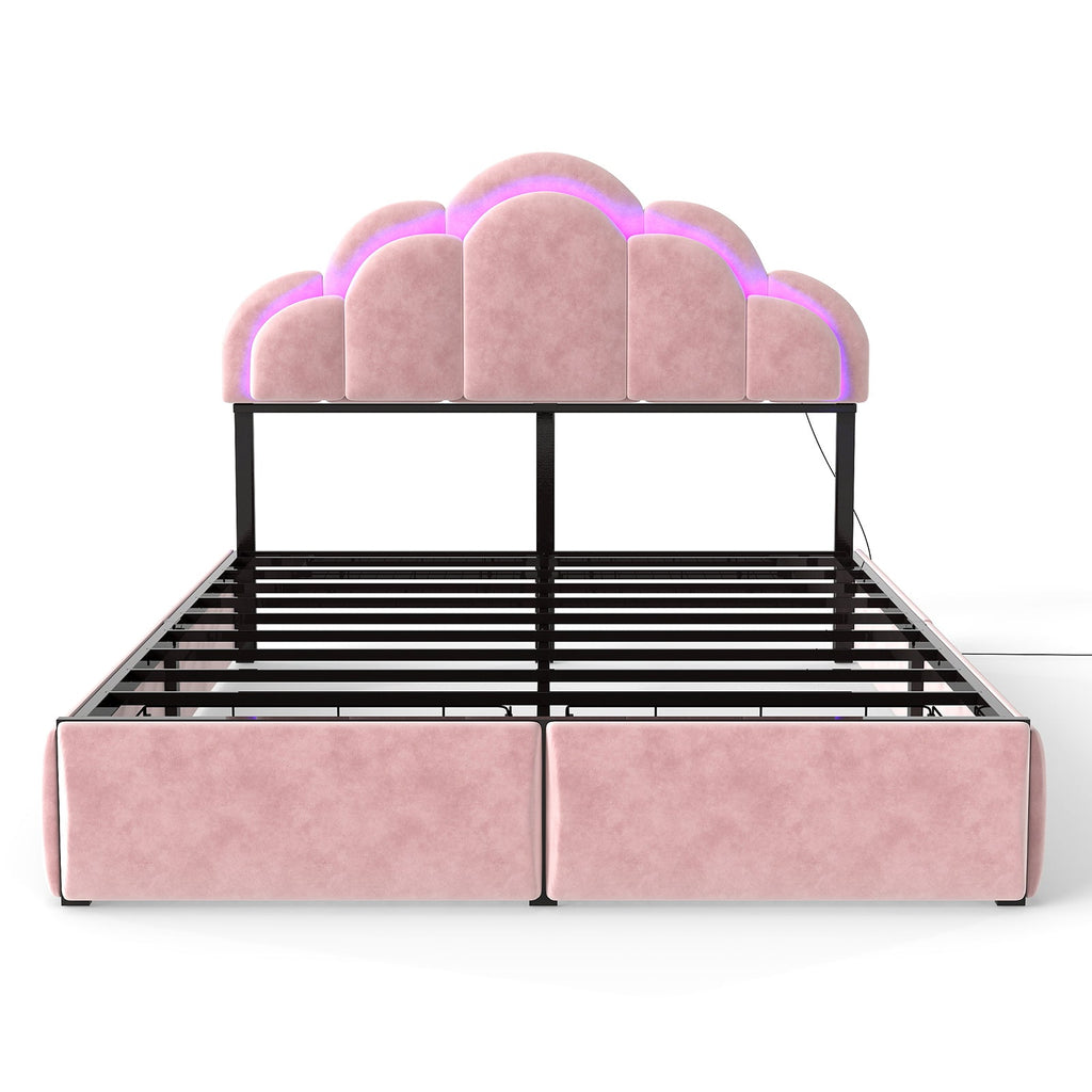 RGB LED Velvet Upholstered Platform Bed with Petal Headboard and Storage Drawers for Kids Bedroom in Pink, Wood+Metal Construction