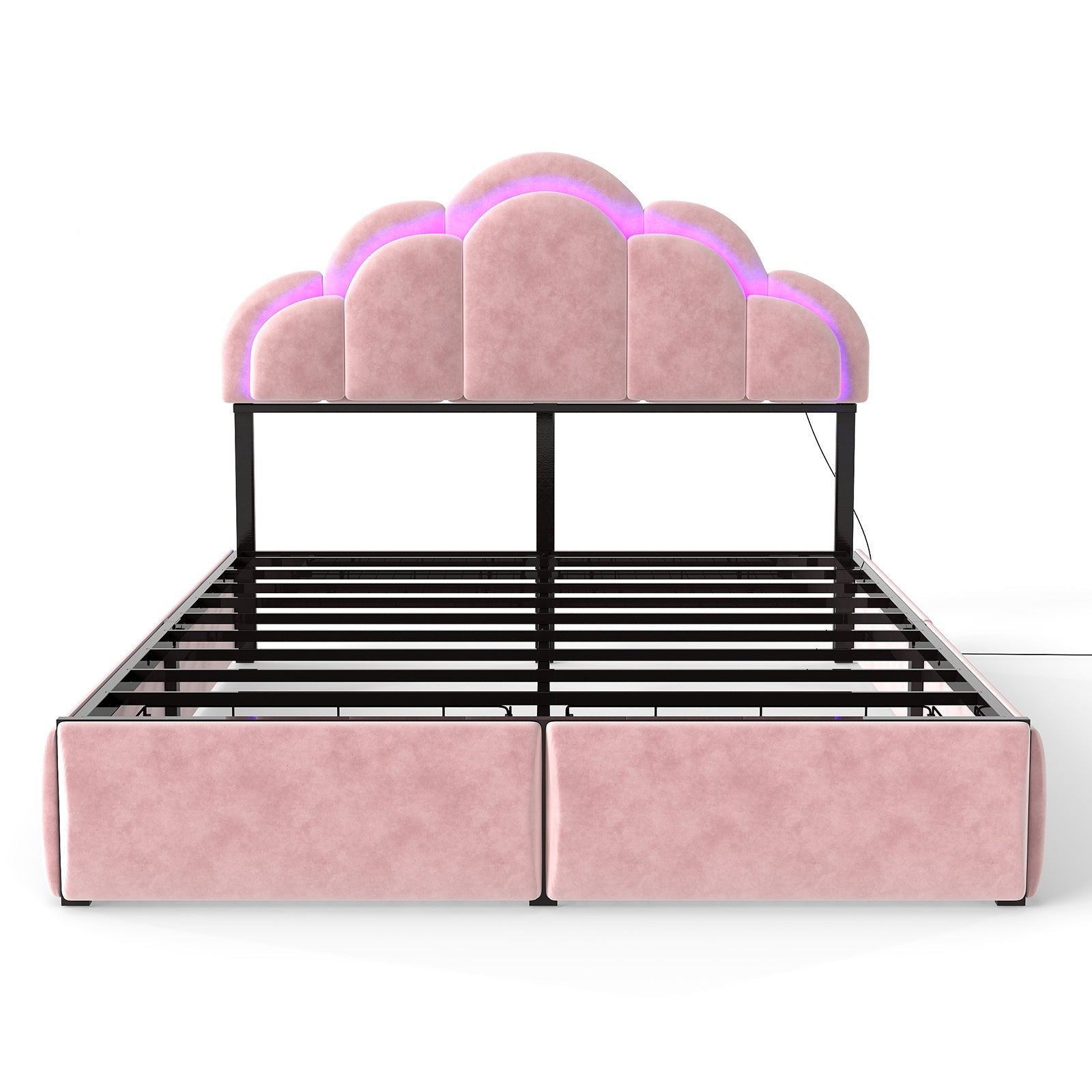 RGB LED Velvet Upholstered Platform Bed with Petal Headboard and Storage Drawers for Kids Bedroom in Pink, Wood+Metal Construction