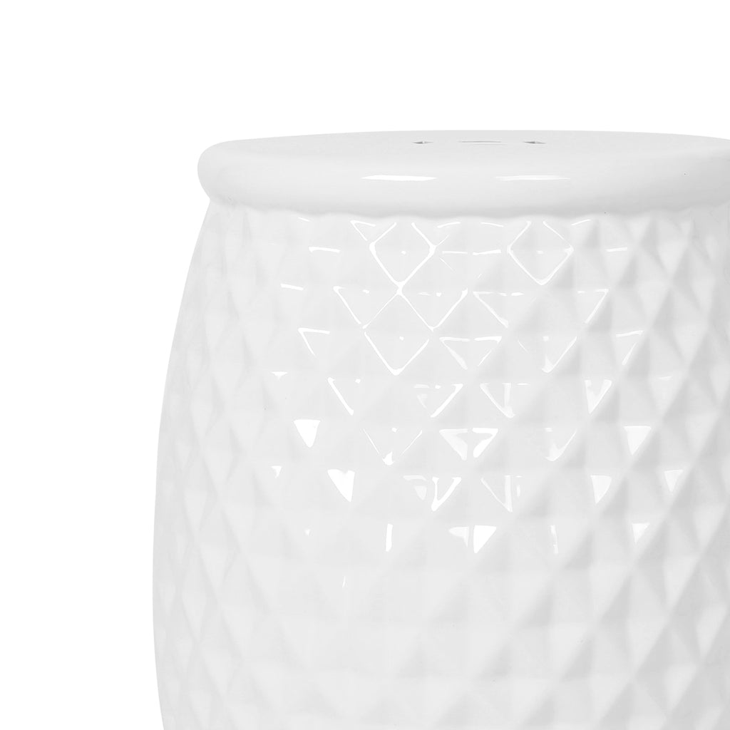 Glazed Ceramic Drum Stool - Indoor/Outdoor Side Table - White Ceramic 11 x 17.25 Inches