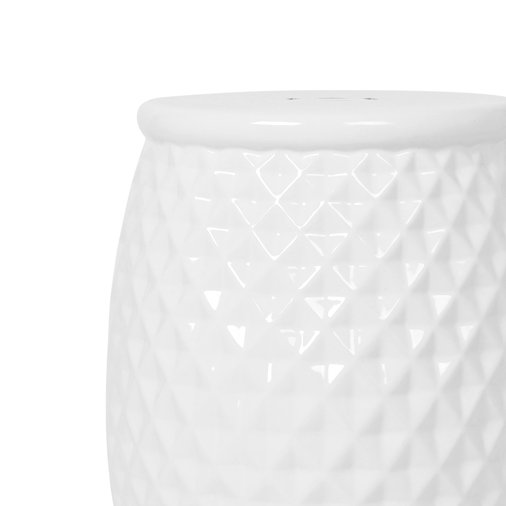 Glazed Ceramic Drum Stool - Indoor/Outdoor Side Table - White Ceramic 11 x 17.25 Inches