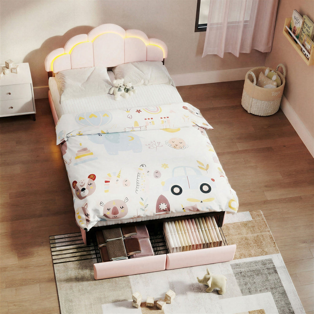 RGB LED Velvet Upholstered Platform Bed with Petal Headboard and Storage Drawers for Kids Bedroom in Pink, Wood+Metal Construction