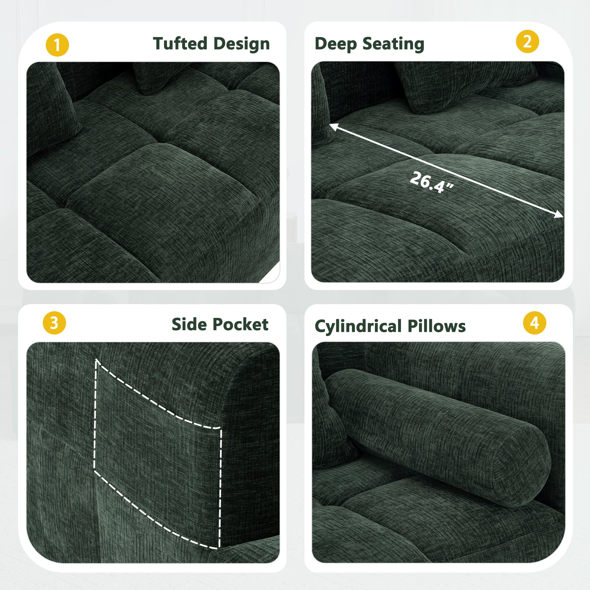 Modern Modular Sectional Sofa with Deep Seating, Green Chenille Fabric, 101.2'