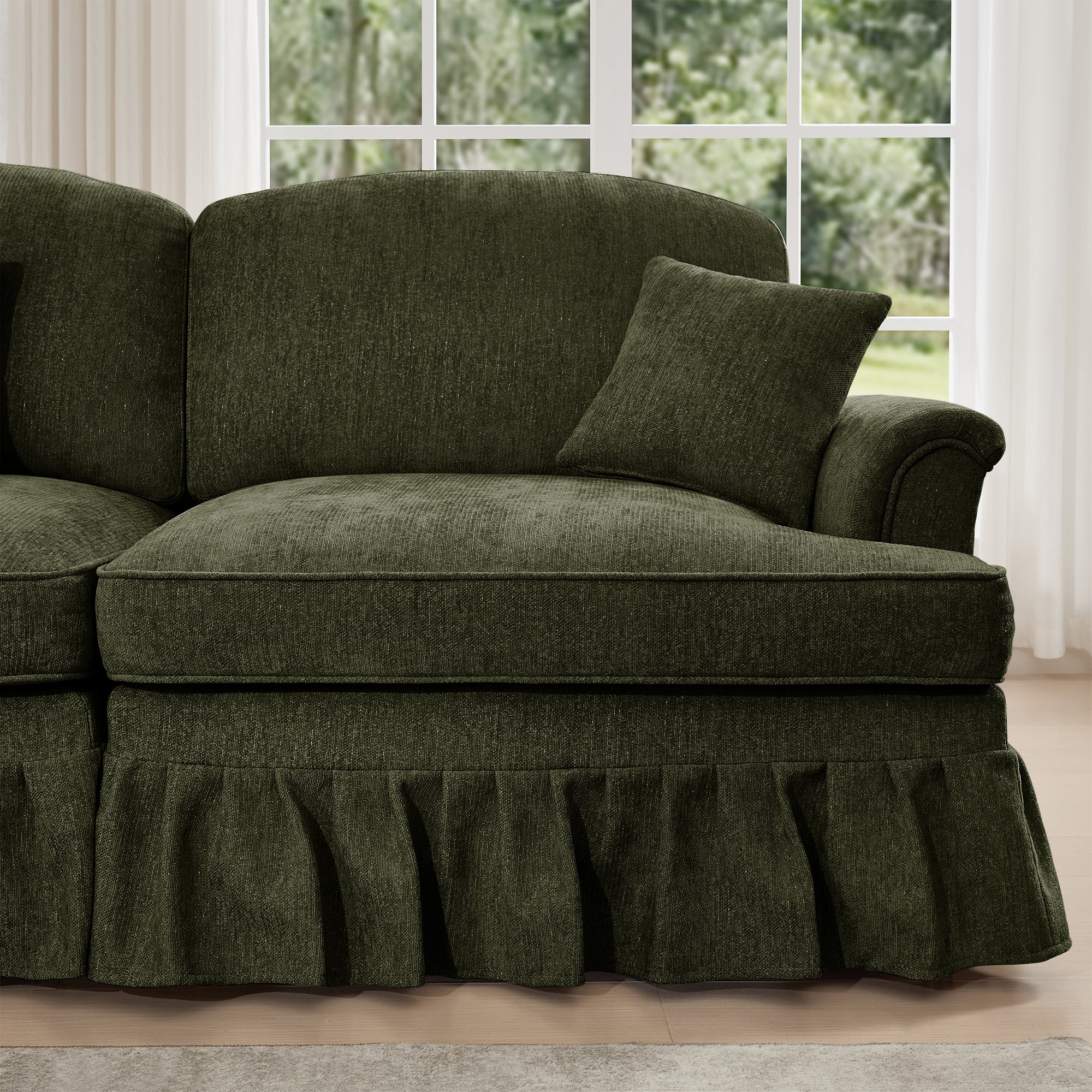 Classic U Shape 4 Seater Modular Sectional Sofa Couch with Flared Arms and Removable Ruffles Pleats Skirts and Spindle Legs, Chenille Deep Seat Cloud Sofa with Movable Ottomans, Green