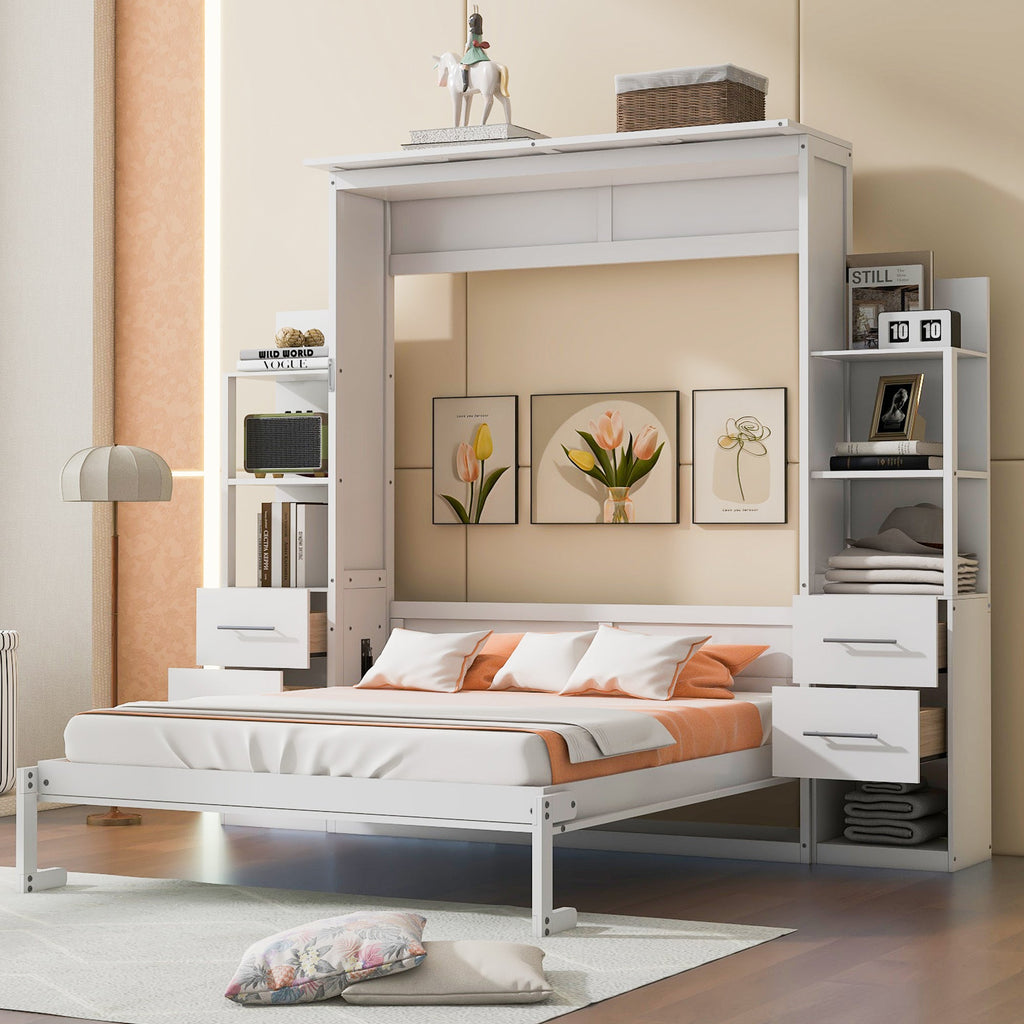 Queen Size Murphy Bed Wall Bed with Shelves, Drawers and LED Lights,White(OLD SKU:LP000566AAK-1)