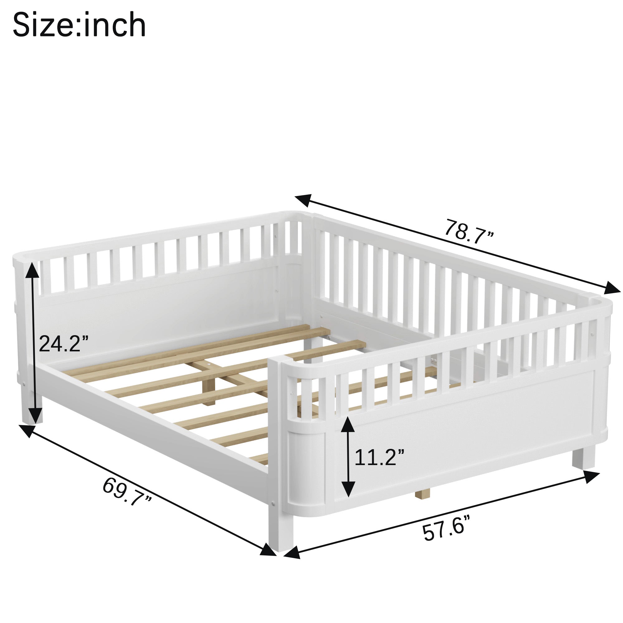 Full Size Wood Platform Bed for Kids, Wood Low Profile Full Bed with Rails for Girls and Boys, White (Patented Design, Old SKU W2593P233767)