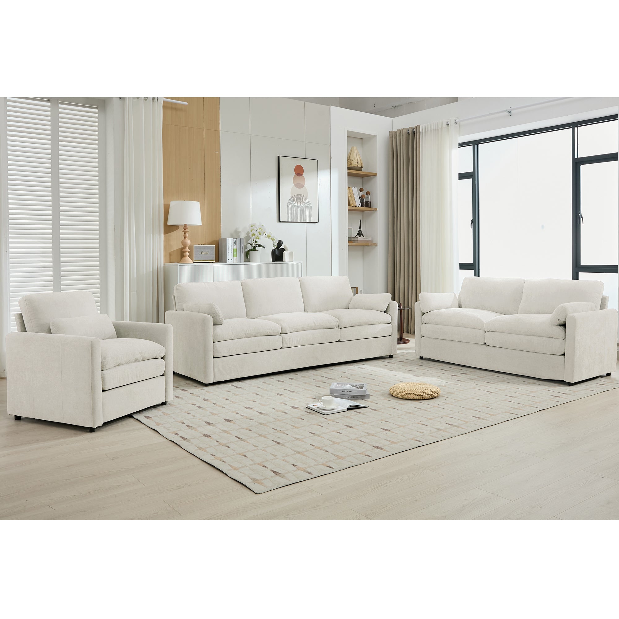 Cozy Upholstered Sofa Set Oversized Comfy Cloud Sofa Double Cushion Sofa Group Plush Cushion Sofa Couch for Living Room, Beige