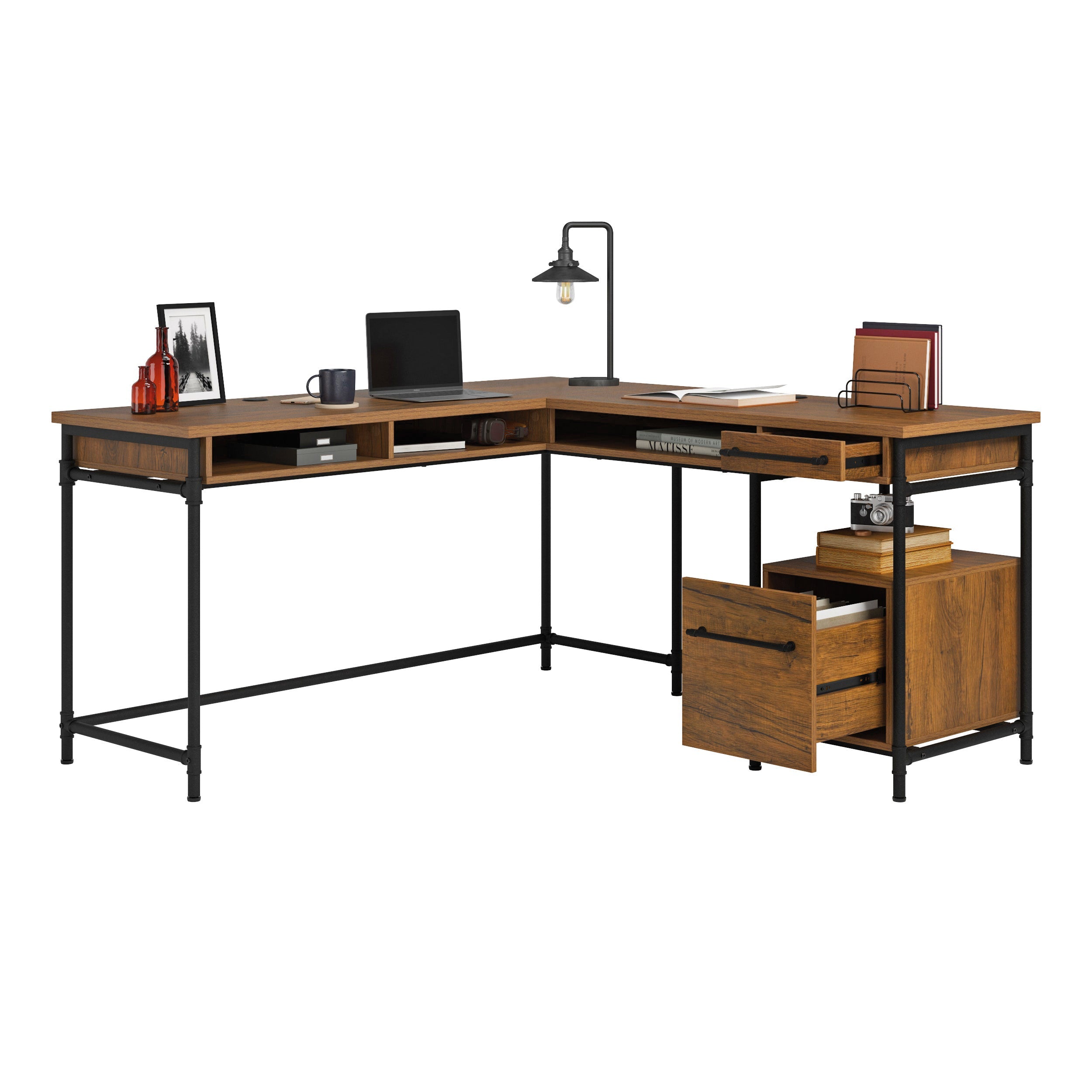 L-Shaped Desk, Brown finish