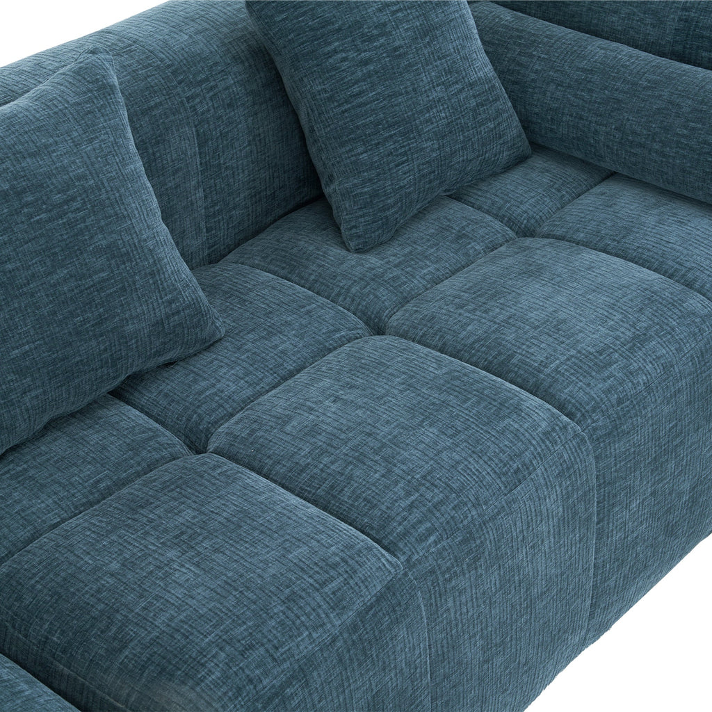 Modern Modular Sofa with Deep Seating, Two Side Pockets, and Plush Pillows in Blue Chenille Fabric, 101.2'