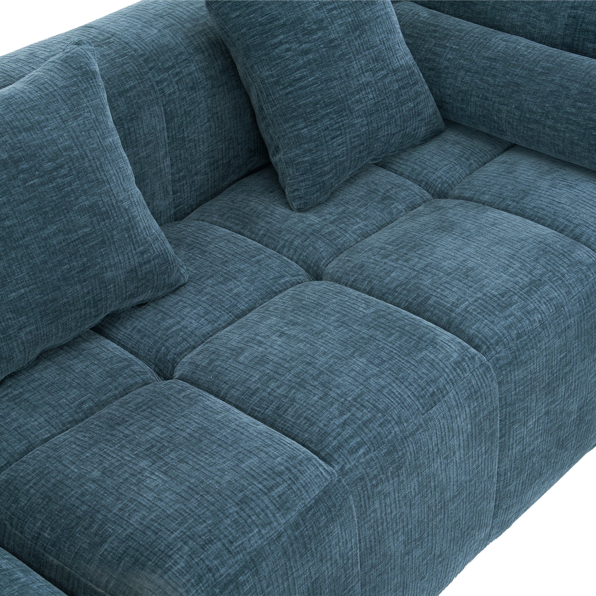 Modern Modular Sofa with Deep Seating, Two Side Pockets, and Plush Pillows in Blue Chenille Fabric, 101.2'