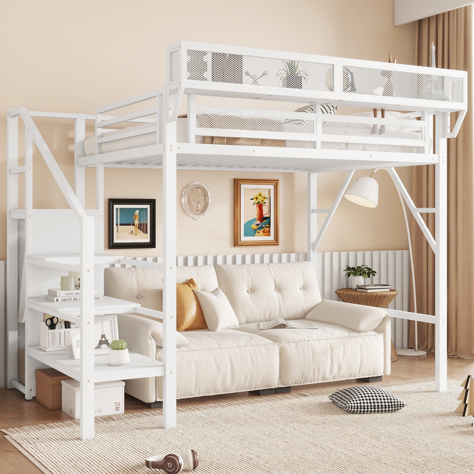 Twin Size Loft Bed with Stairs, Metal Full Loft Bed with Storage Shelves, High Loft Bed with Wardrobe for Kids Teens,White(Expect Arrival Date 2025/9/22)