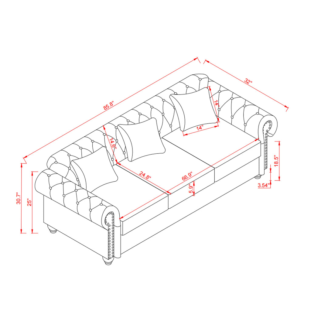 85.8' Living Room Chesterfield Sofa Classic Tufted Design Faux Leather PU Upholstered Sofa with Storage (Burgundy)