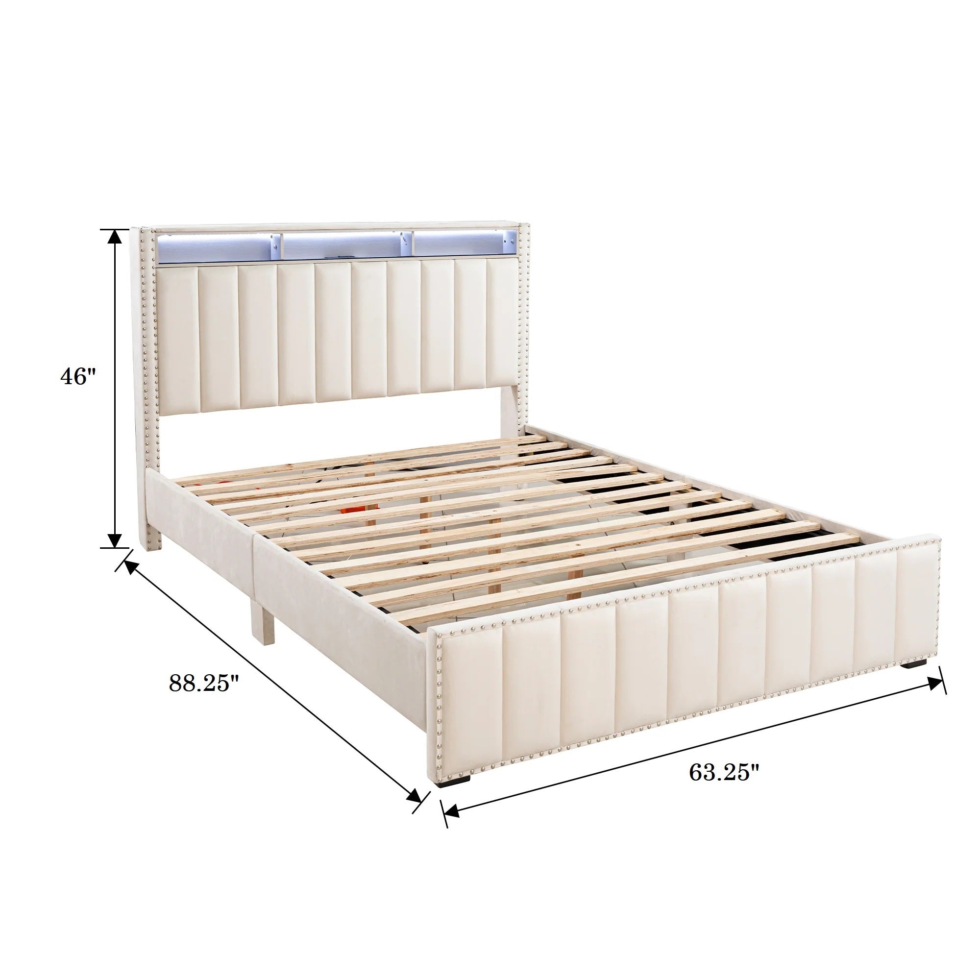 Queen Size Bed 2x Nightstands Bedroom Furniture Contemporary Beige Fabric Upholstered Bedframe w LED Nailhead Trim 3pc Bedroom Set