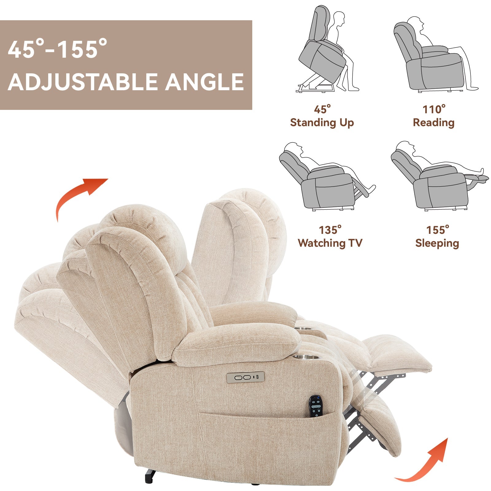 Up to 350 LBS Chenille Power Lift Recliner Chair, Heavy Duty Motion Mechanism with 8-Point Vibration Massage and Lumbar Heating, USB and Type-C Ports, Stainless Steel Cup Holders, Beige