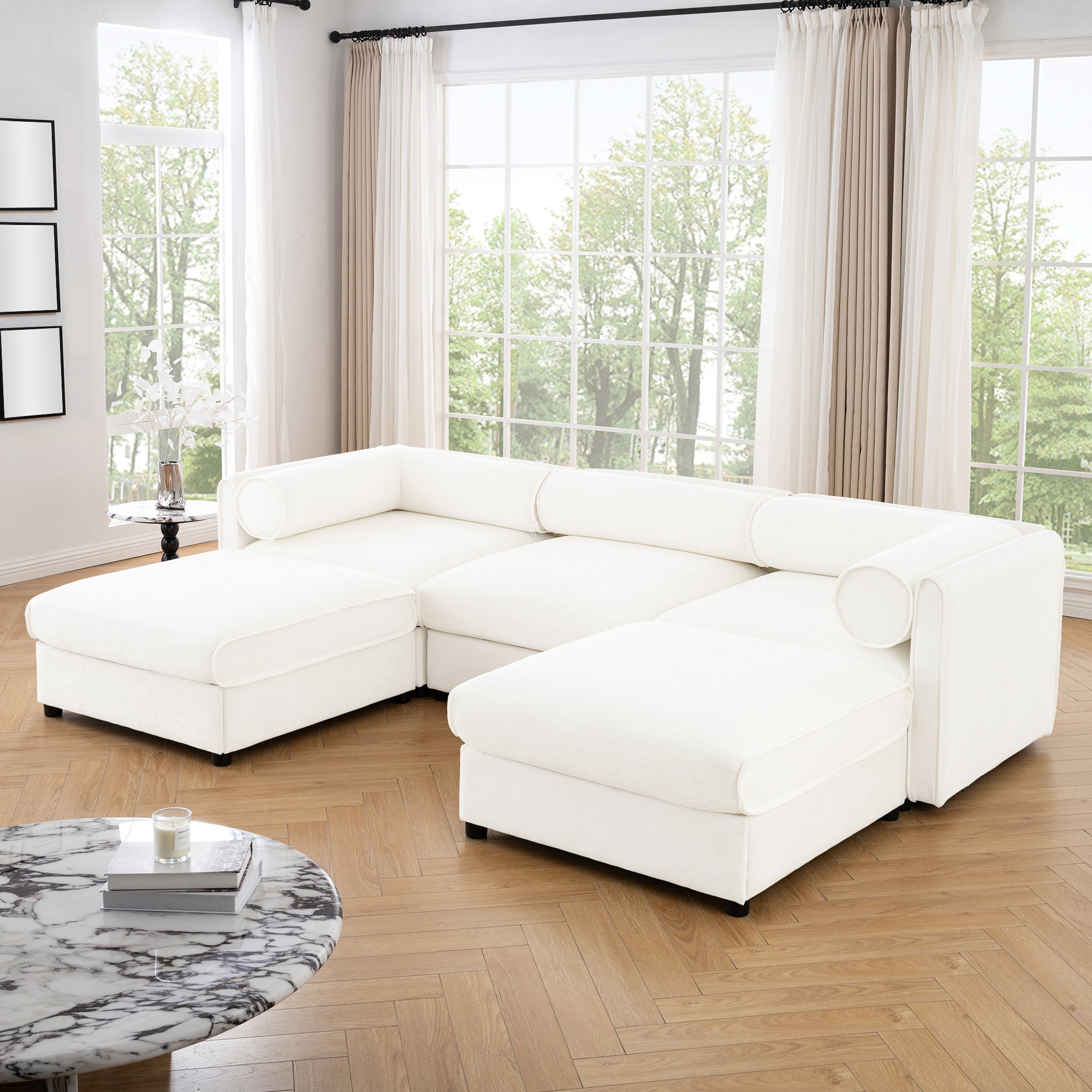 Elegant White Chenille  Sofa with Storage Seat and Ottoman, U-Shaped 3-Seater Cylindrical Backrest and Armrests, Contemporary 3-Seater Fabric Couch with Hidden Storage Compartment