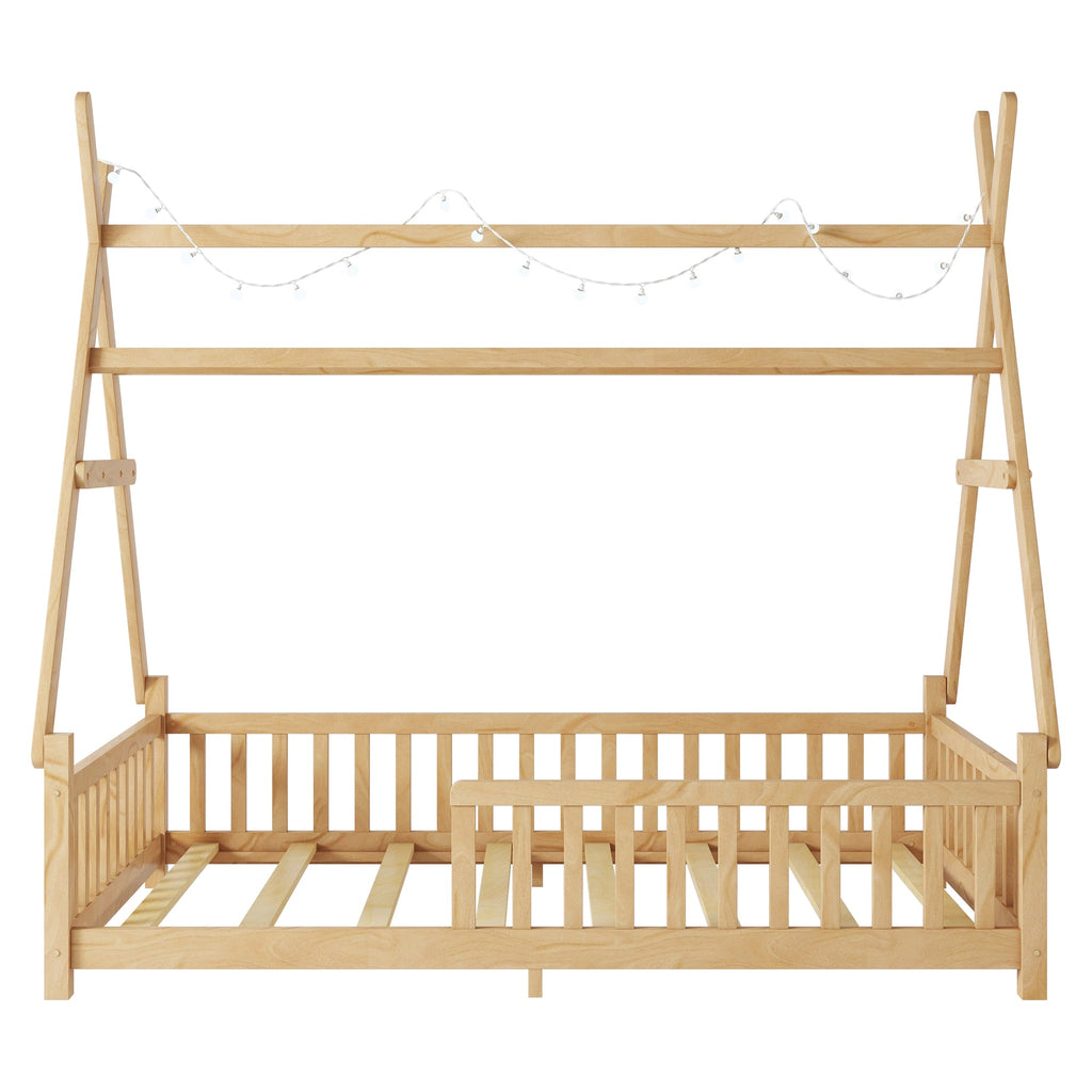 Twin House Bed with Light, Low Floor House Bed with Fence and Roof for Kids Boys Girls,Natural(Expect arrive date 2025/7/20)