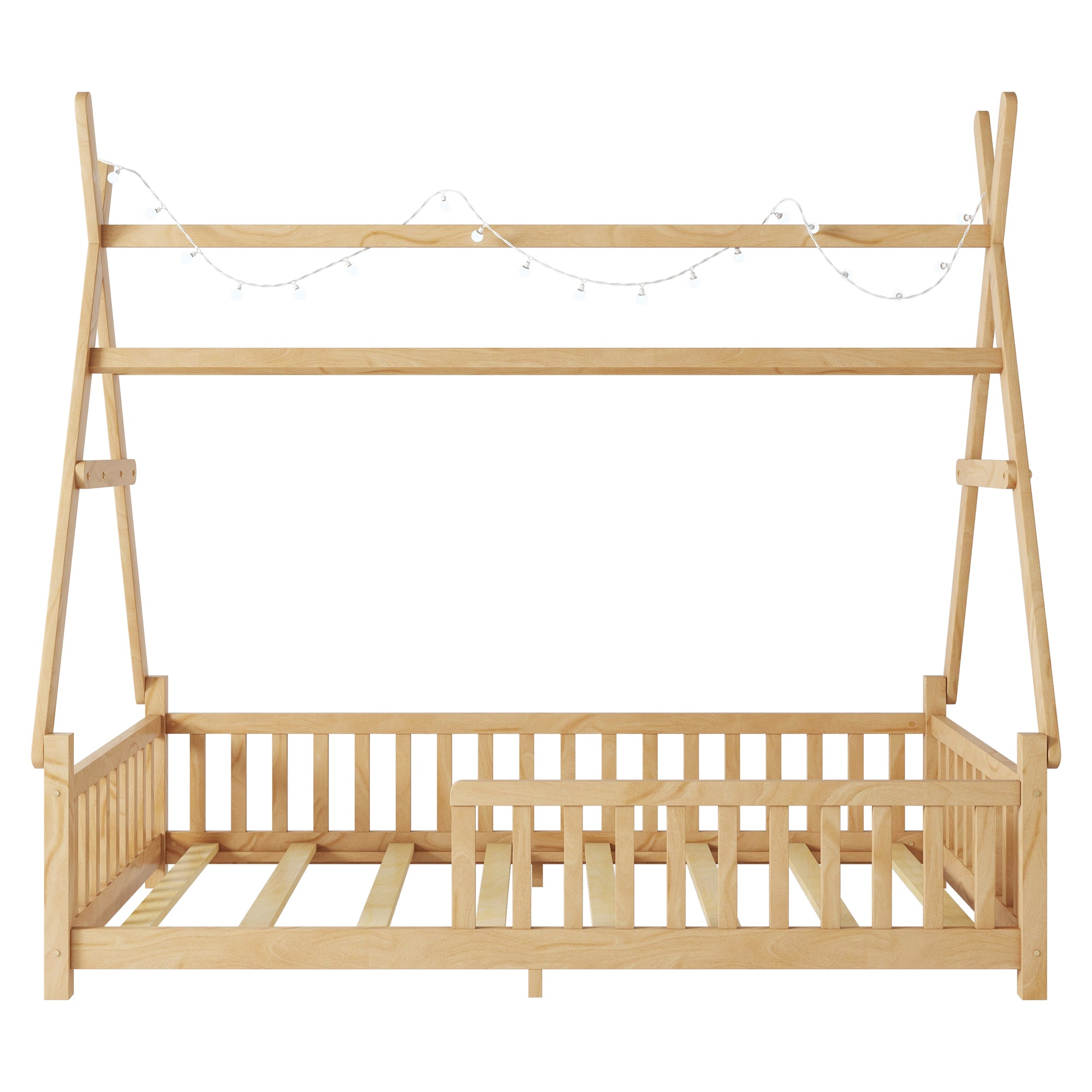 Twin House Bed with Light, Low Floor House Bed with Fence and Roof for Kids Boys Girls,Natural(Expect arrive date 2025/7/20)
