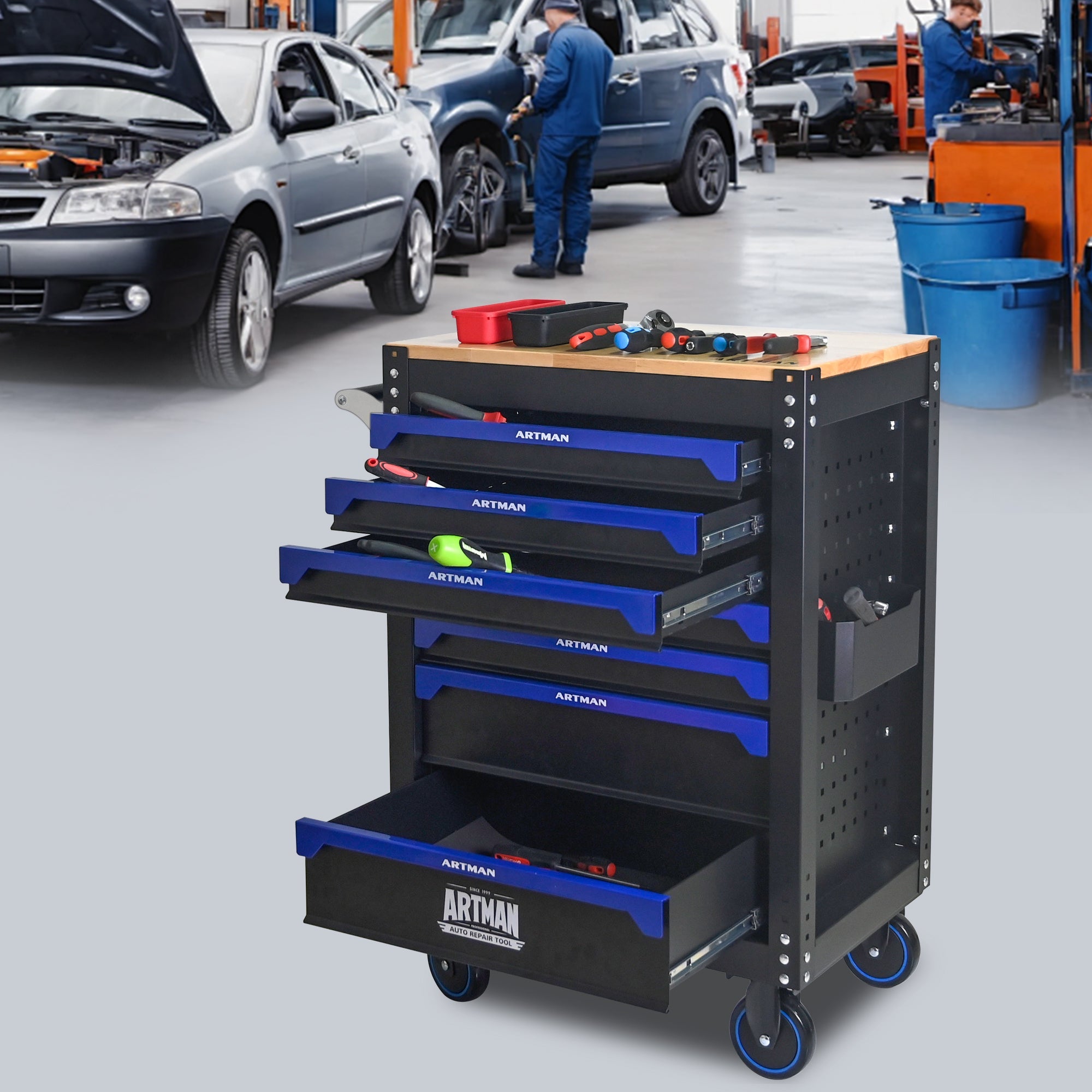 30-inch 7-drawer Wood-top Practical Rolling Steel Tool Cart, With Handle and Wheels, Storage Cabinet for Garages, Warehouses, Repair Shops, Requires Assembly of the the Tool Cart - Black & Blue