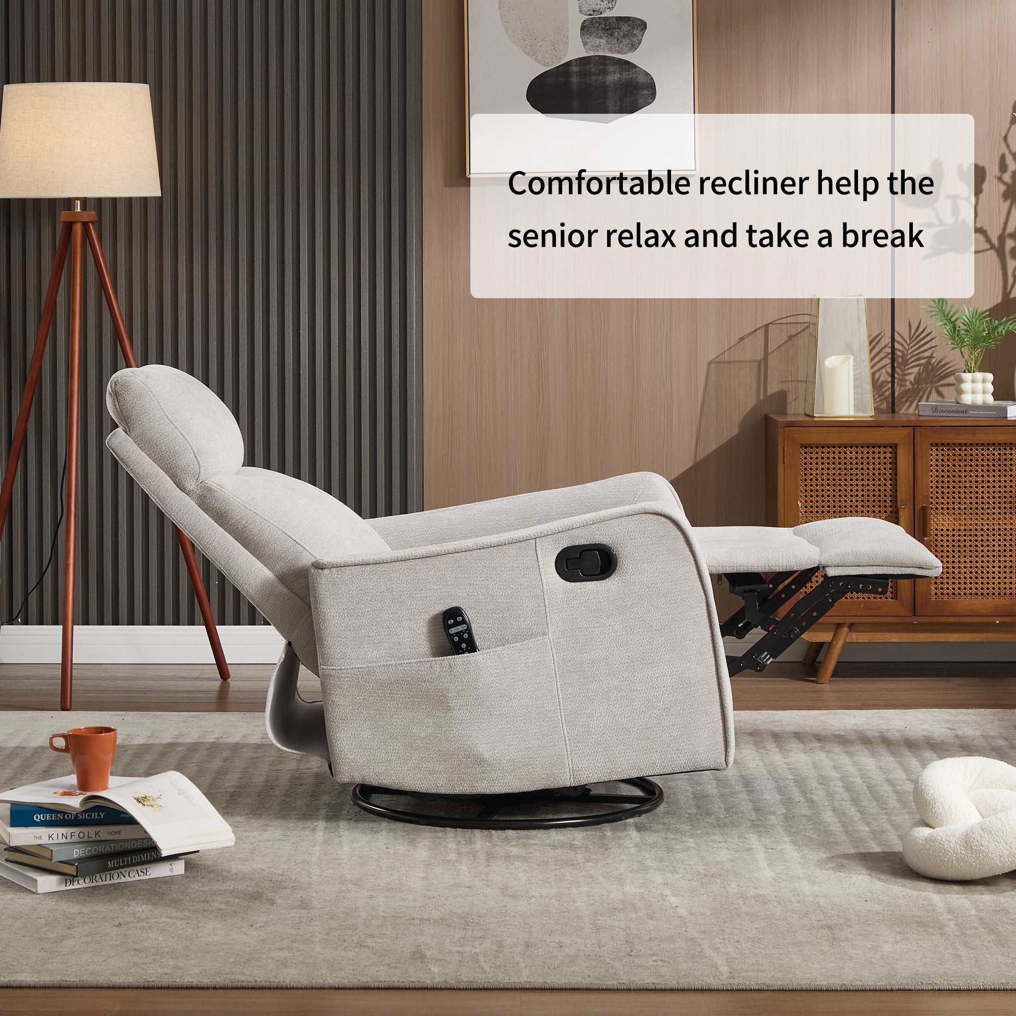 Light Grey Heat Massage Manual Recliner Chair with Rocker and Swivel in Fabric for Living Room
