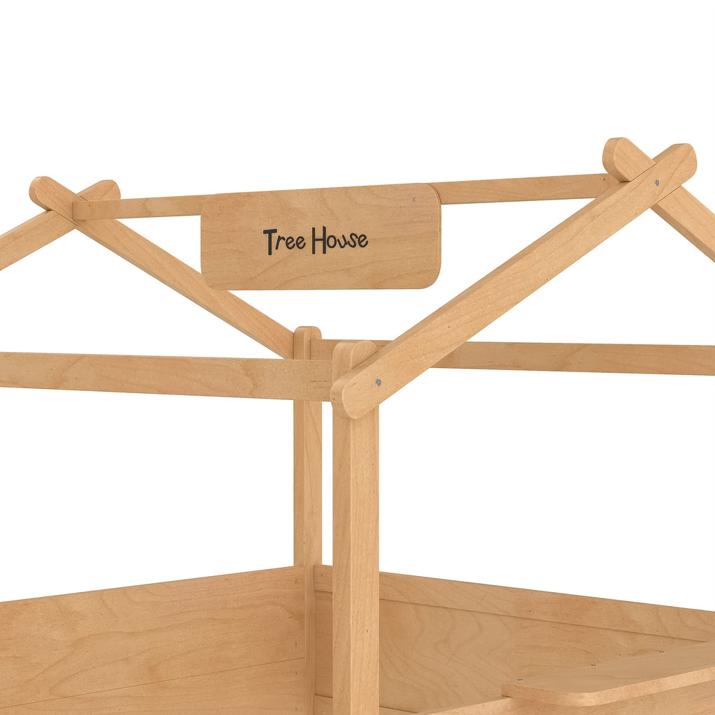 Queen Size Floor Bed with Guardrails and Roof, Kids House Floor Bed with a Small Built-in Tray and Free-installed Signboard, Childlike Design,Natural