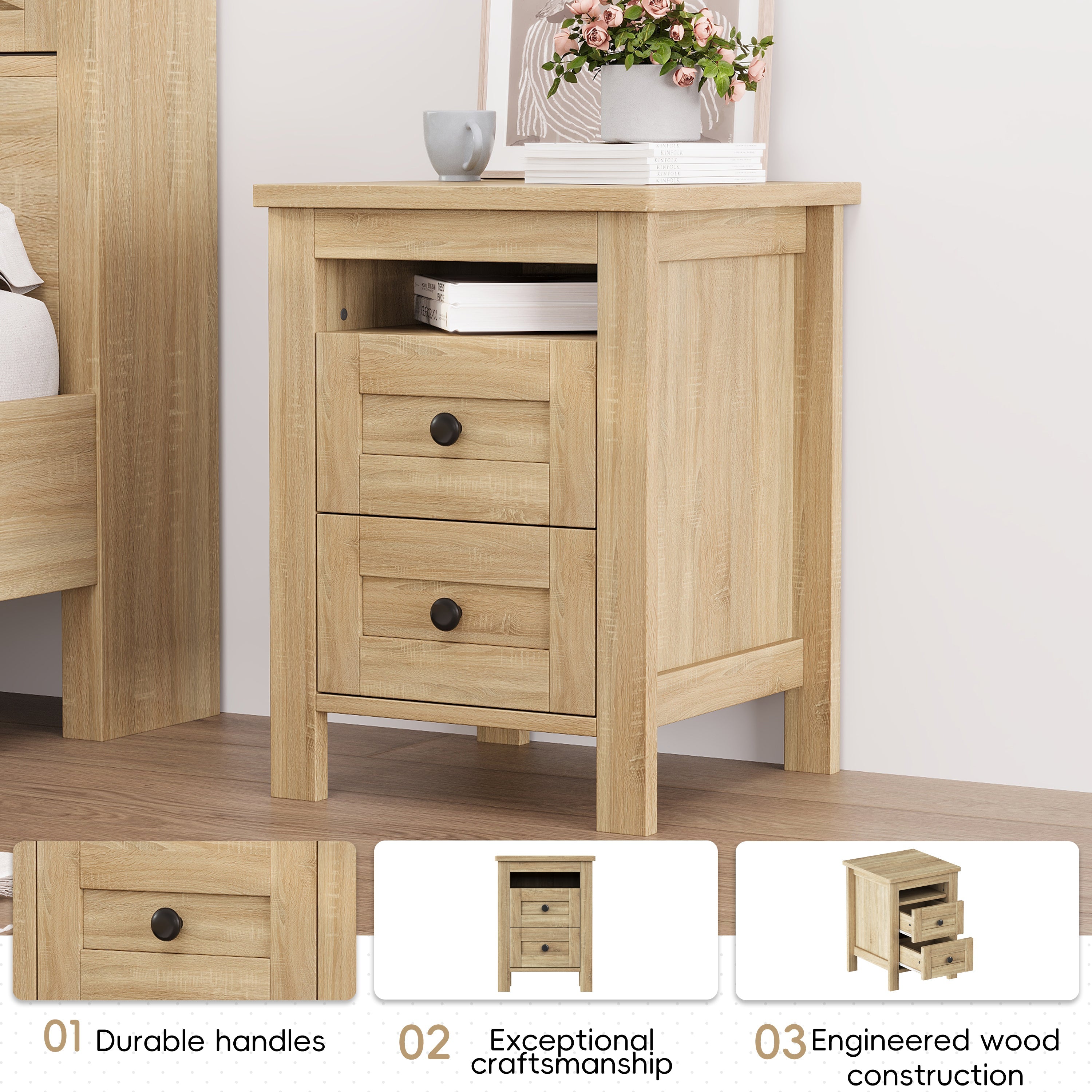 3-Pieces Bedroom Sets Full Size Farmhouse Platform Bed with Double Sliding Door Storage Headboard and Charging Station, Storage Nightstand and Dresser, Natural