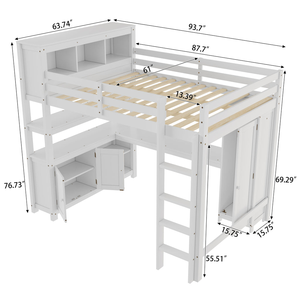 Wood Loft Bed with Cabinet and Bookshelf, Queen Size Loft with Wardrobe and Desk for Kids,White