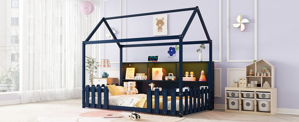 Twin Size House Bed with LED Light, Wood House Bed with Storage Bookshelf, Floor House Bed with Guardrails for Kids, Navy Blue (Expect Arrival Date 2025/3/14)