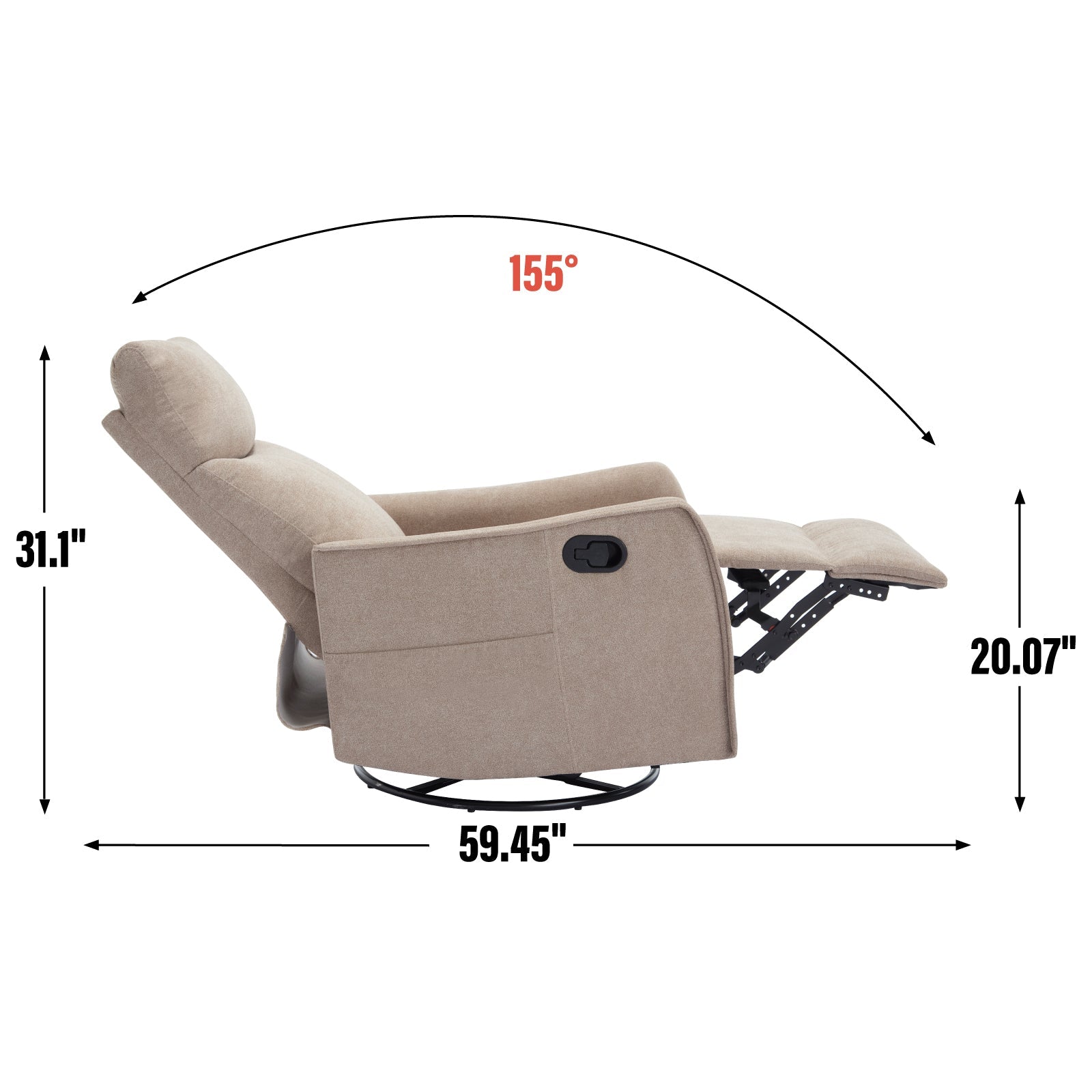 Heat Massage Manual Recliner Chair with Rocker and Swivel in Fabric for Living Room, Khaki
