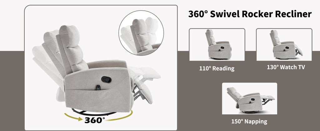 Heat Massage Manual Recliner Chair with Rocker and Swivel in Fabric for Living Room,Grey