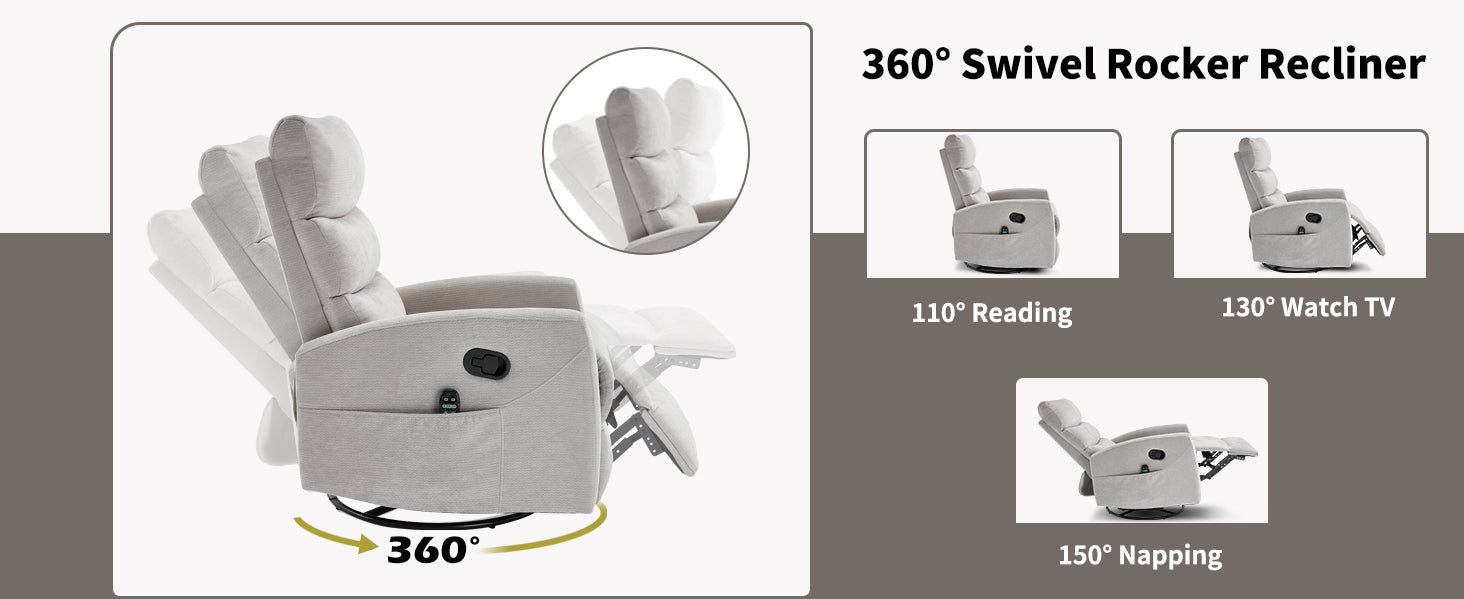 Heat Massage Manual Recliner Chair with Rocker and Swivel in Fabric for Living Room,Grey