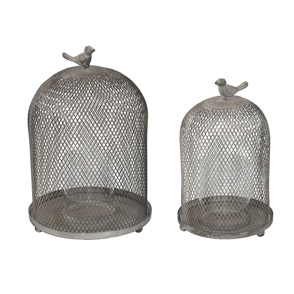 Set of 2 Ophira Sparrow Antique Gray Mesh Candle Holders, L: D8.5x13'  S: D7x10'