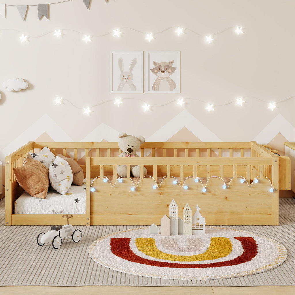 Twin Montessori Floor Bed Frame with High Rails, Wood Kids Floor Beds with Light and Storage Shelf, Natural (Expect Arrival Date 2025/8/15)