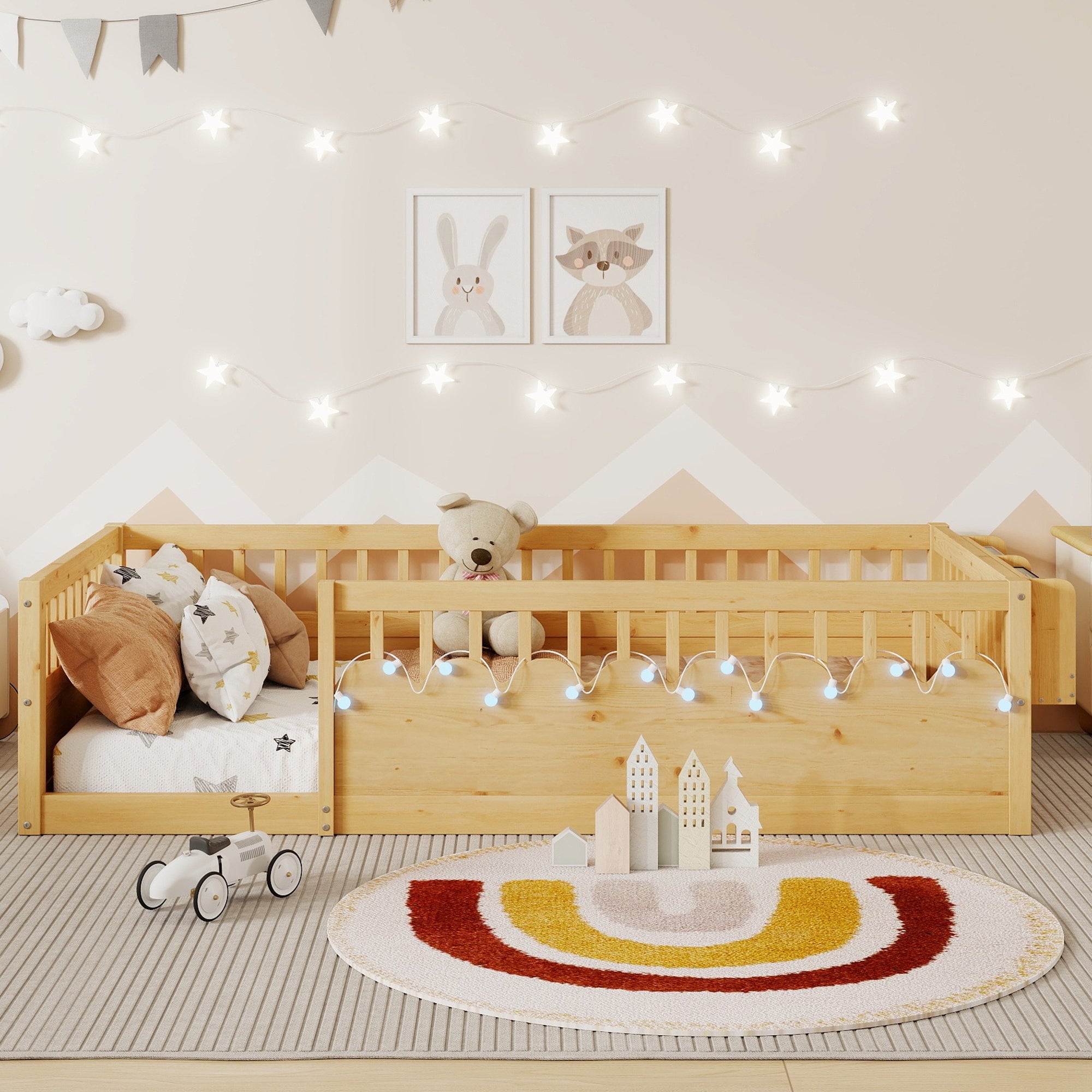 Twin Montessori Floor Bed Frame with High Rails, Wood Kids Floor Beds with Light and Storage Shelf, Natural (Expect Arrival Date 2025/8/15)