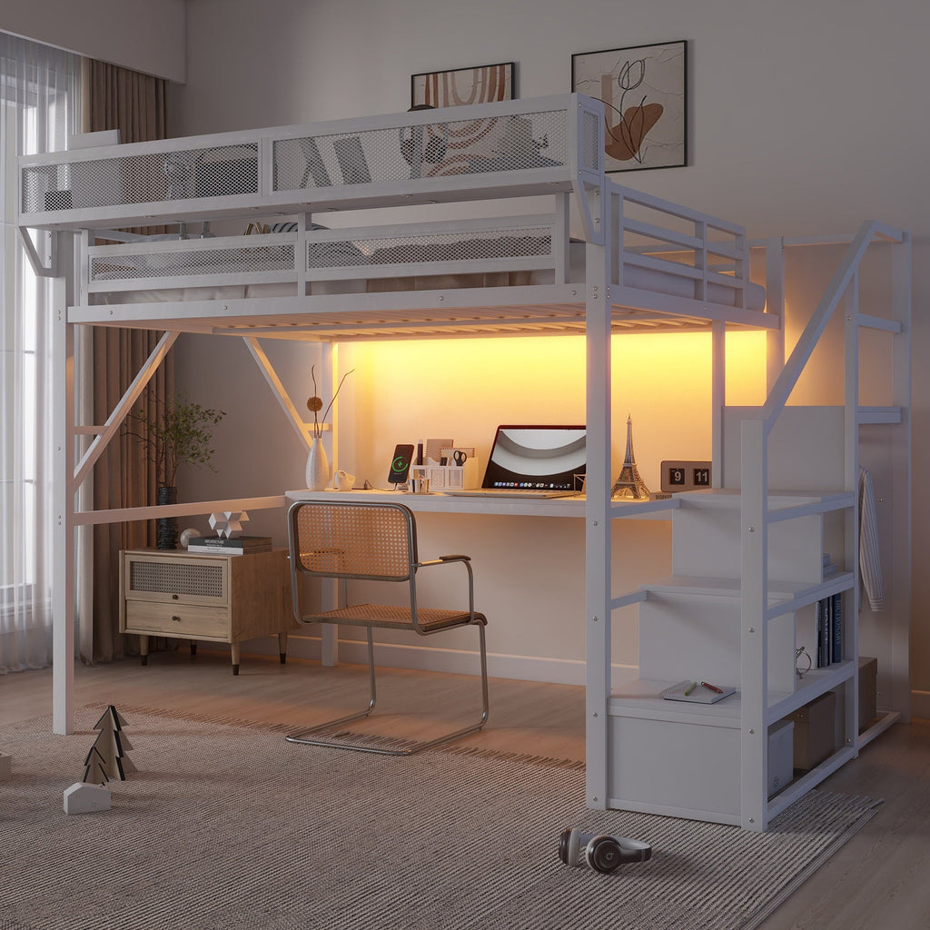 Queen Loft Bed with Desk and Charging Station, Queen Size Metal Loft Bed with Stairs and Light for Kids Teens,White(Old SKU W2580S00033)