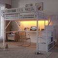 Queen Loft Bed with Desk and Charging Station, Queen Size Metal Loft Bed with Stairs and Light for Kids Teens,White(Old SKU W2580S00033)