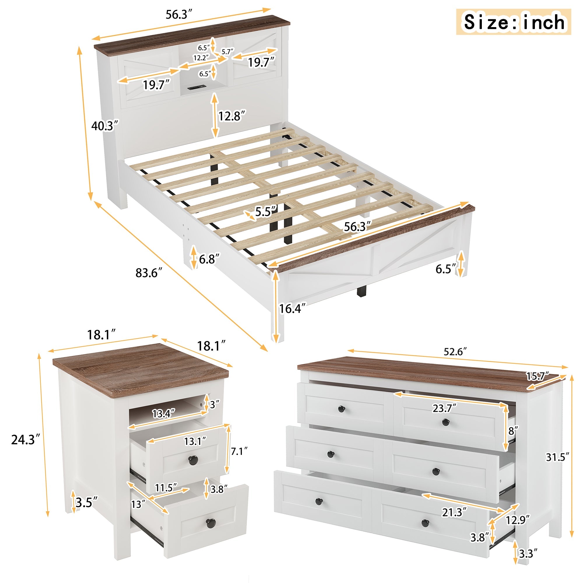 3-Pieces Bedroom Sets Full Size Farmhouse Platform Bed with Double Sliding Door Storage Headboard and Charging Station, Storage Nightstand and Dresser, White+Brown(Old SKU HL000091AAK)