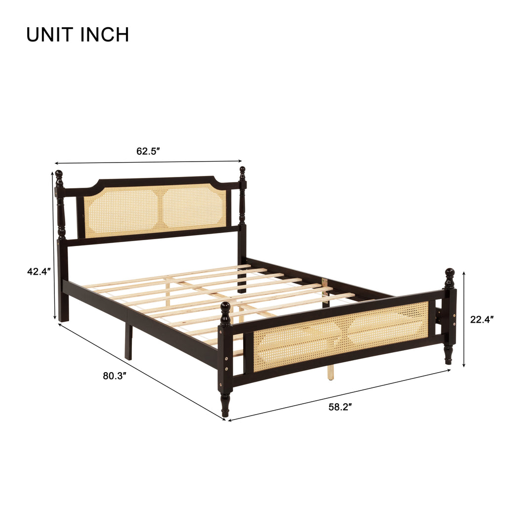 Queen Pine wooden Bed with Rattan Headboard  and Footboard, with  Central Enhanced Bed Platform ,Espresso