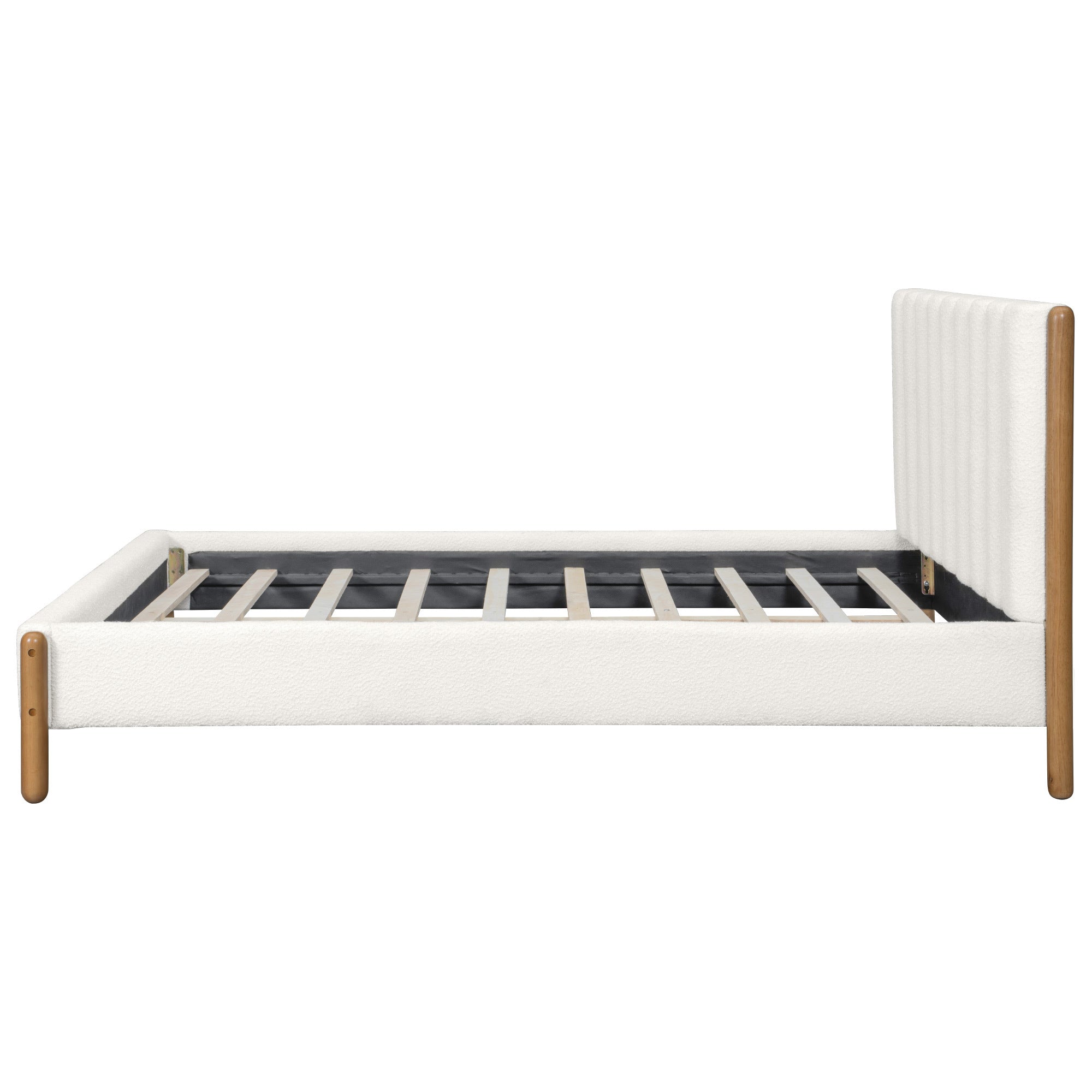Queen Size Bed Frame with Boucle Upholstered Thick Headboard, Solid Wooden Legs, White