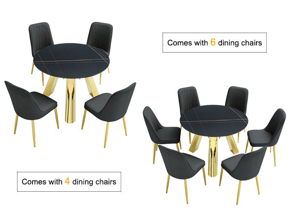 The 42-inch stainless steel gold-plated flamed granite round table with seating for 4 or 6 people is perfect for dining, entertaining, or as a conference table