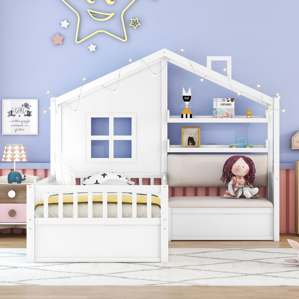Twin Size House Bed with Sofa, Kids Platform Bed with Two Drawers and Storage Shelf, White (Old SKU:HL000065AAK)
